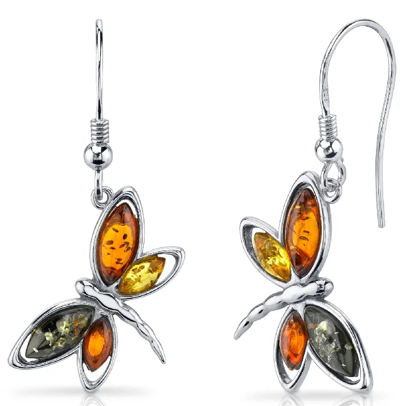 Baltic Amber Butterfly Dangle Earrings in Sterling Silver