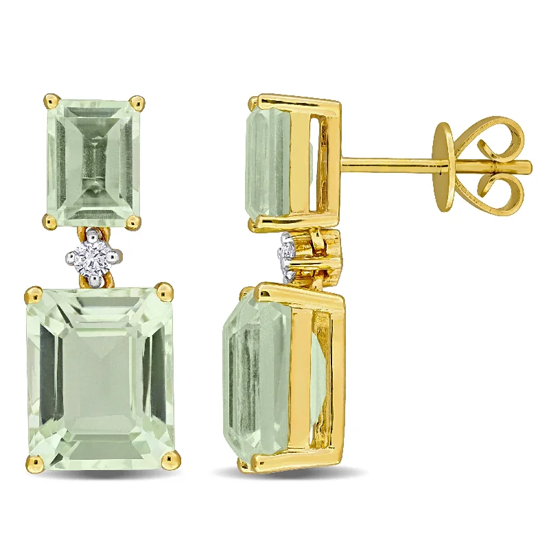 Miadora 8 3/8 CT TGW Octagon-Cut Green Quartz and 1/10ct TW Diamond Drop Earrings in 10k Yellow Gold