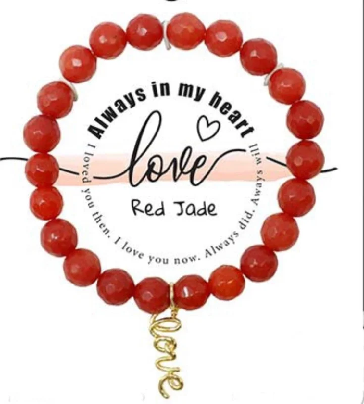 Love Charm Semi-Precious Red Jade Stone Stretch Inspirational Bracelet