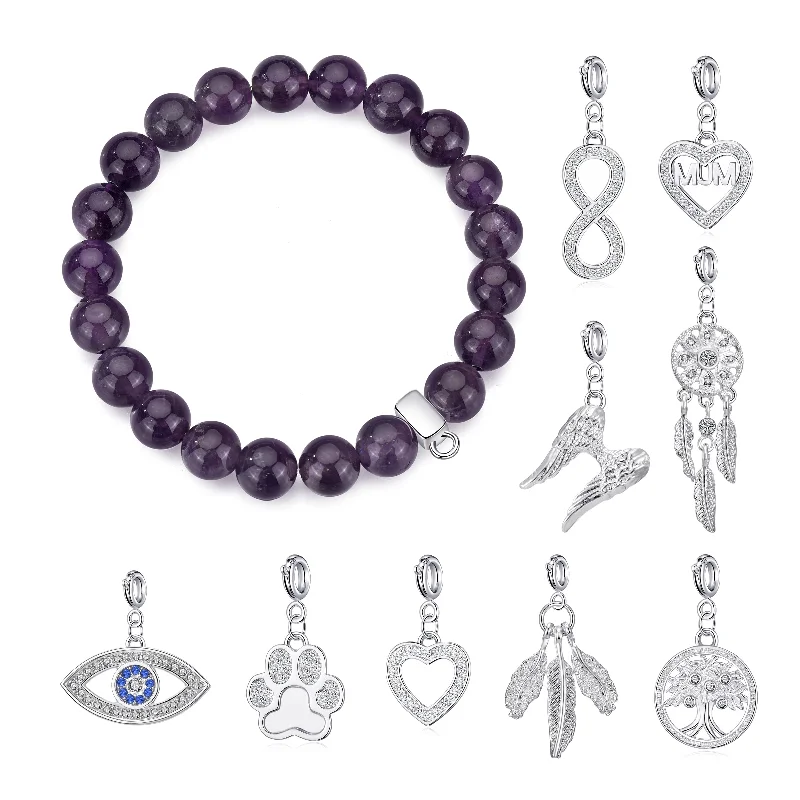 Amethyst Gemstone Stretch Bracelet with Charm Created with Zircondia® Crystals