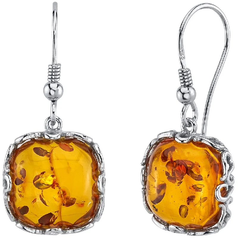 Baltic Amber Cushion Cut Dangle Earrings in Sterling Silver