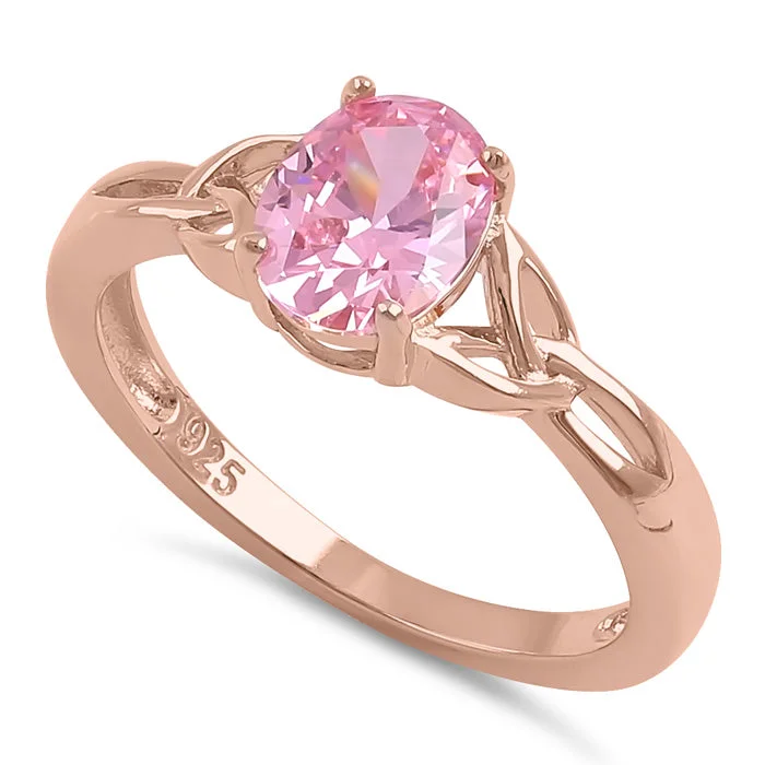 Sterling Silver Rose Gold Plated Charmed Oval Pink CZ Ring