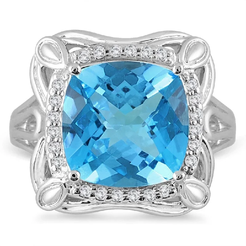 7 Carat Cushion Cut Blue Topaz and Diamond Ring in 10K White Gold