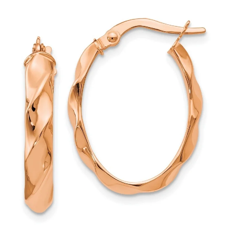 Curata 14k Rose Gold Polished and Twisted 3x22mm Oval Hoop Earrings