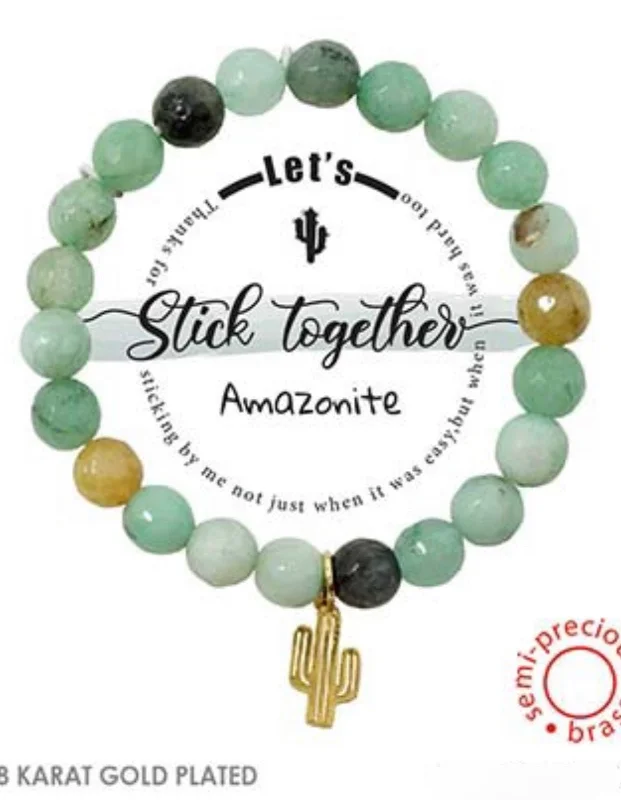 Cactus Charm Stick Together Semi-Precious Amazonite Stone Stretch Inspirational Bracelet