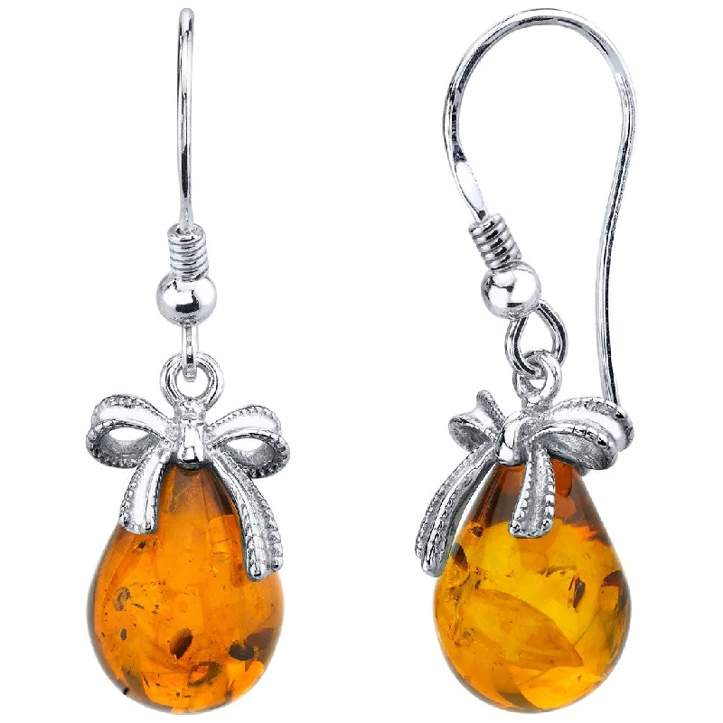 Baltic Amber Bow Drop Earrings in Sterling Silver