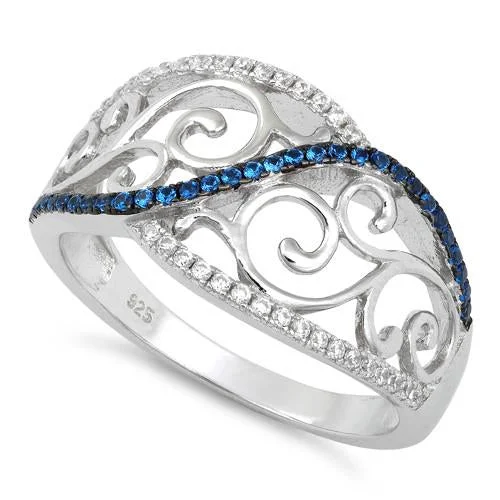 Sterling Silver Vines Blue Spinel CZ Ring