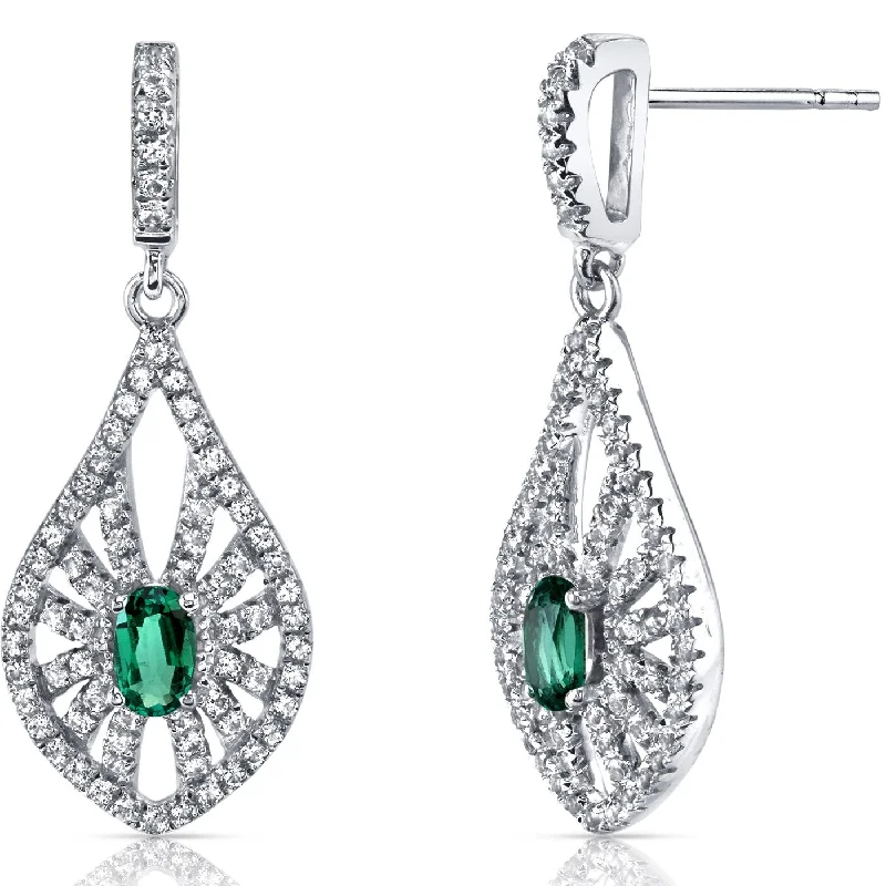 14k White Gold 2 ct Created Emerald Dangling Earrings