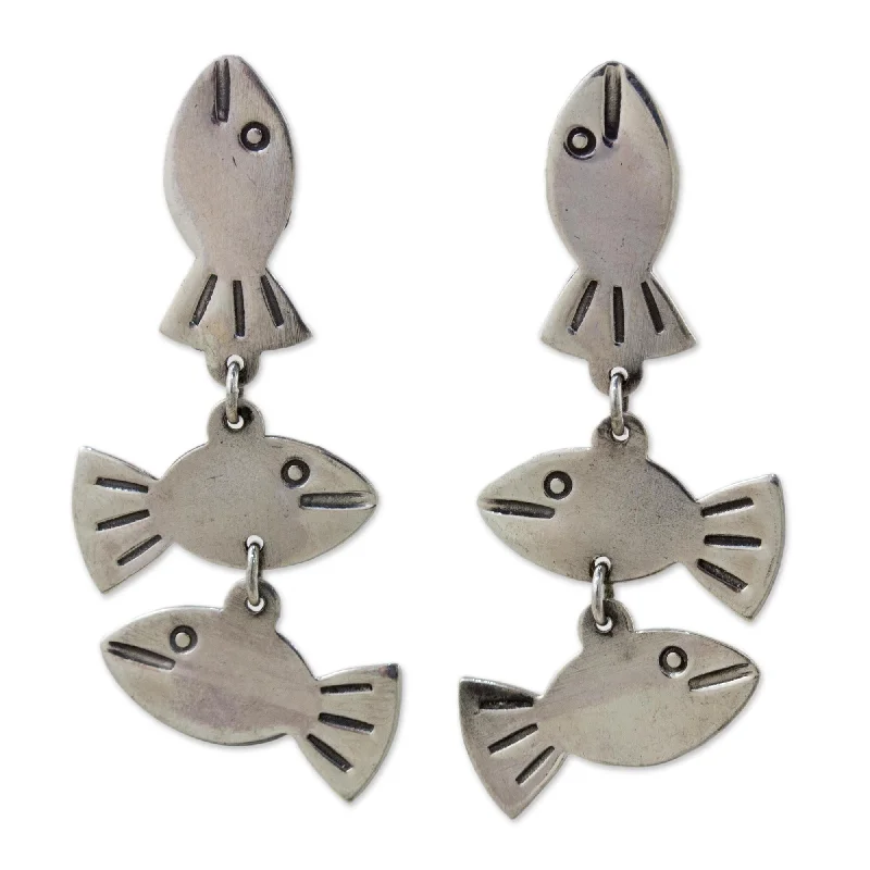 Novica Handmade Silver Fishies Silver Dangle Earrings