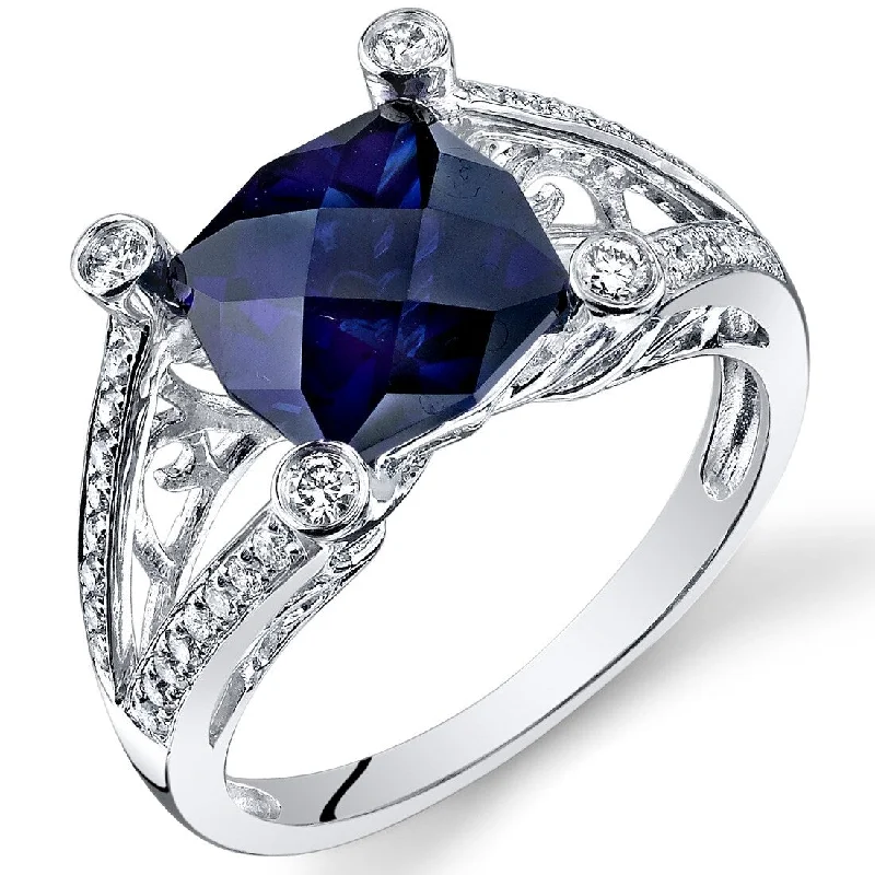 14k White Gold 3.9ct Created Blue Sapphire and Diamond Ring