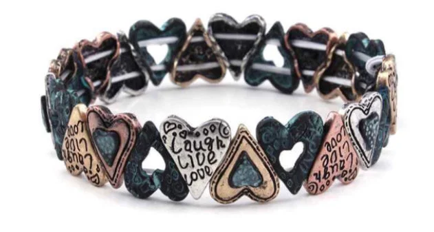 Patina Stretch Bracelet Hearts Laugh Live Love