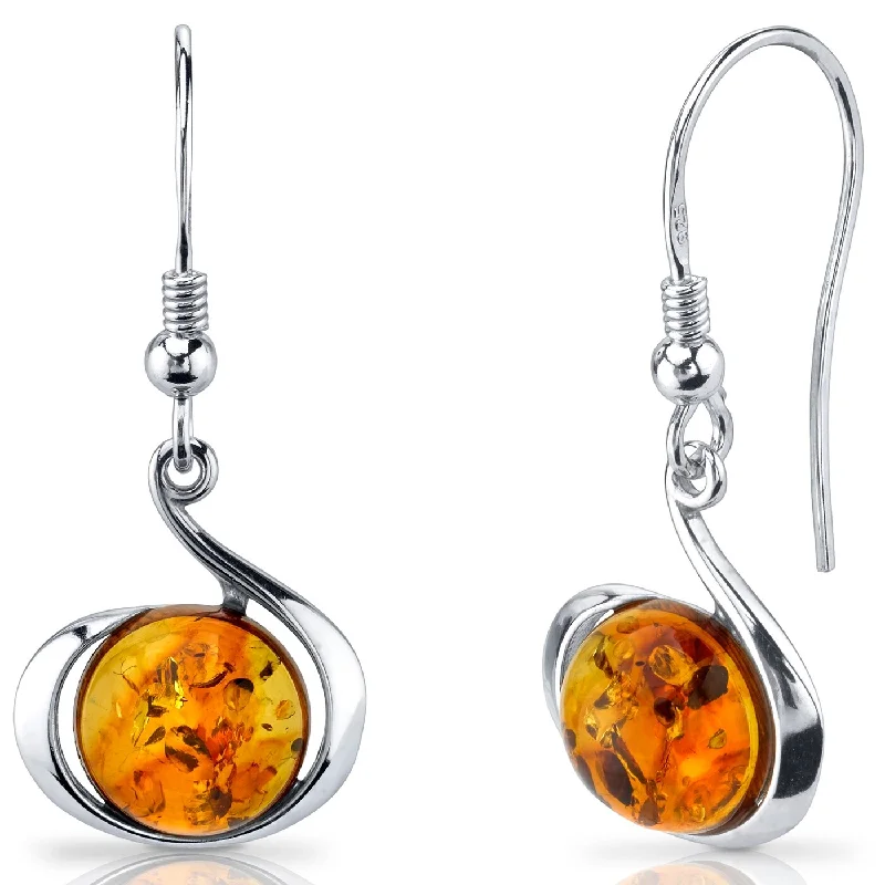 Baltic Amber Round Fish Hook Earrings in Sterling Silver