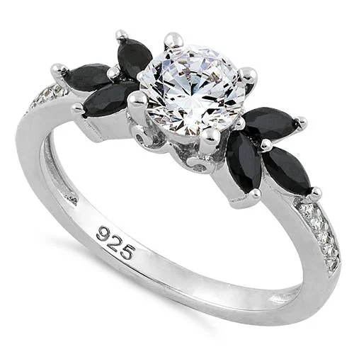 Sterling Silver Flower Leaves Black Clear CZ Ring