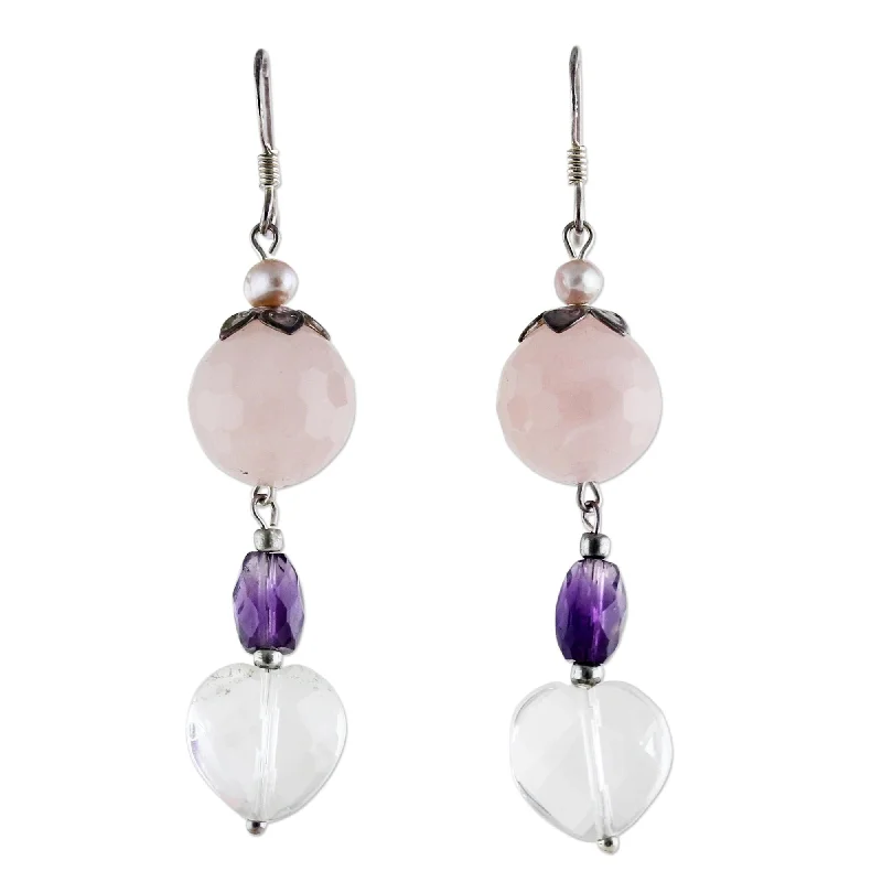 Novica Handmade Mystical Romance Pearl And Rose Quartz Dangle Earrings