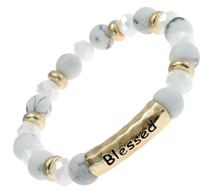 BLESSED - Natural Stone Inspirational Bracelet White Howlite