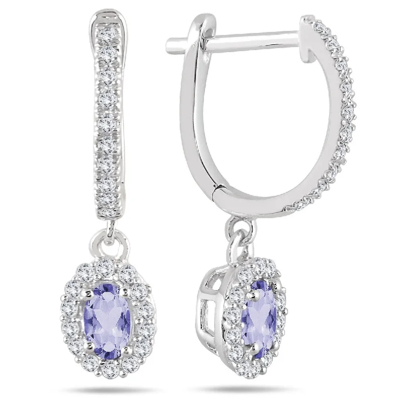 Marquee 1/2 Carat Tanzanite and Diamond Halo Dangle Earrings in 10K White Gold