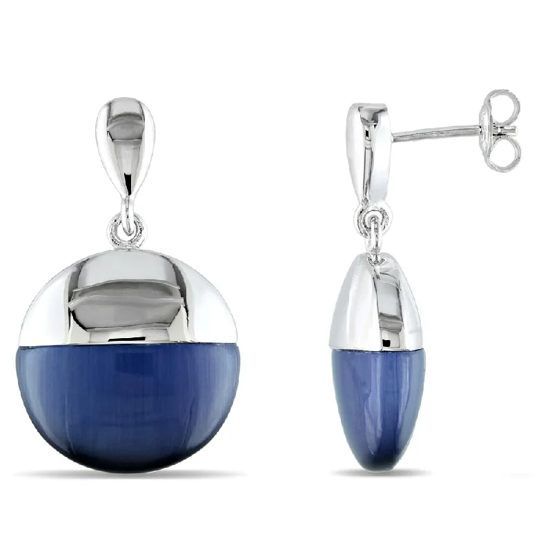 Miadora Simulated Blue Cat Eye Domed Drop Earrings in Sterling Silver