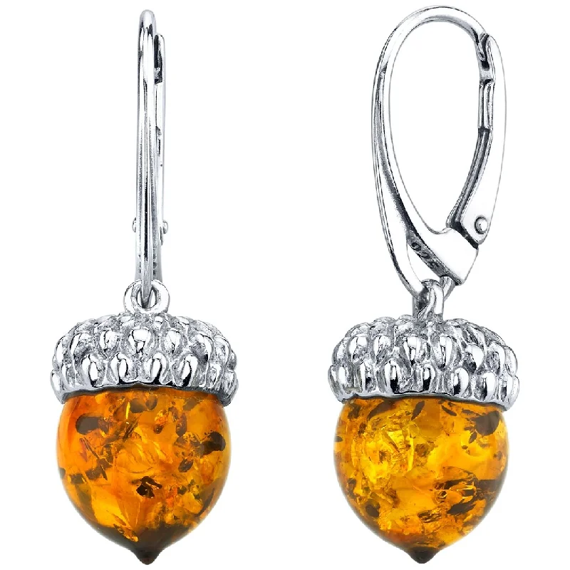 Baltic Amber Acorn Drop Earrings in Sterling Silver