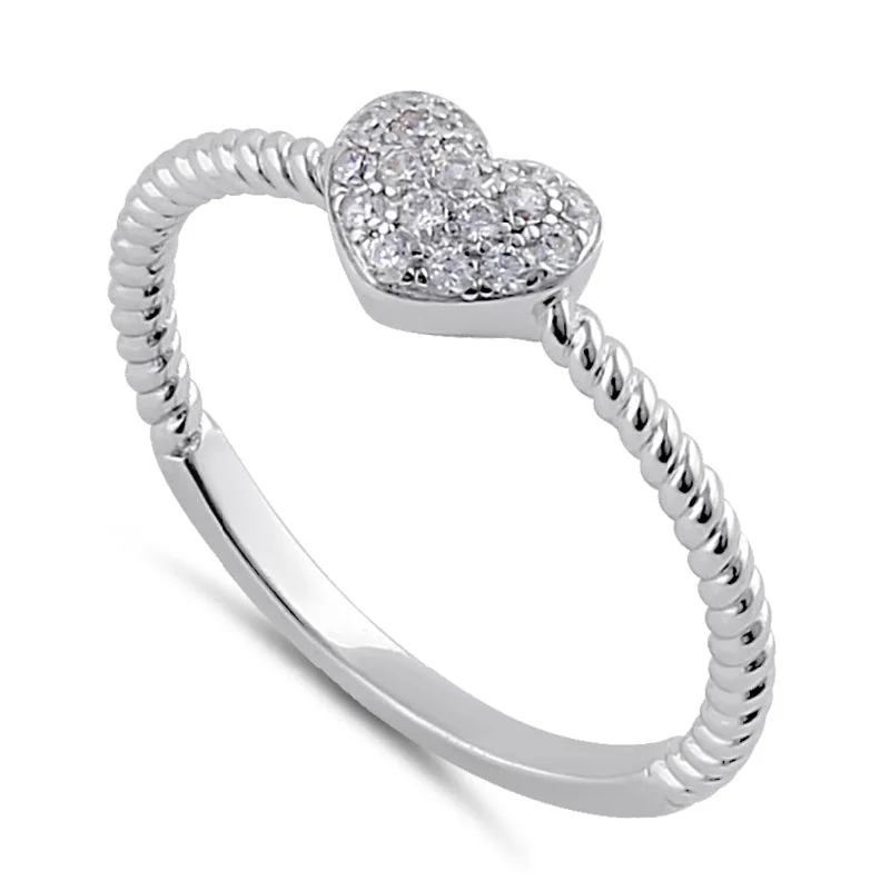 Sterling Silver Clear CZ Rope and Heart Ring