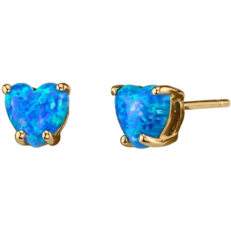 14k Yellow Gold 1 ct Created Blue Opal Stud Earrings