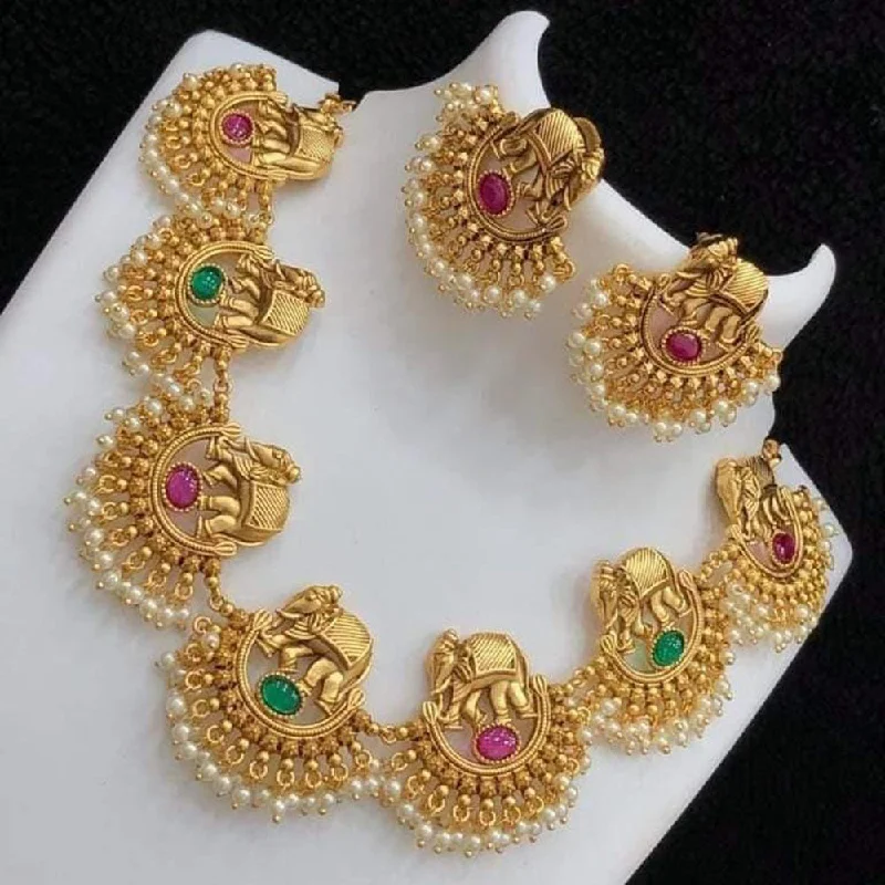 India Art Gold Plated Pota Stone And Pearls Necklace Set