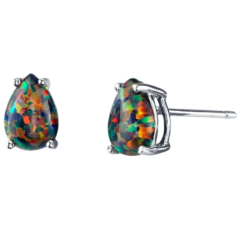 14k White Gold Black Opal Stud Earrings 1 ct Pear Shape