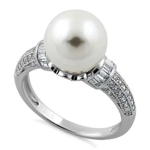 Sterling Silver Queen Crown Synthetic Pearl CZ Ring