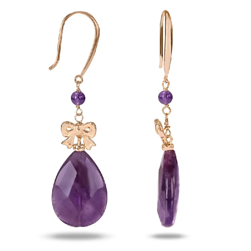 Miadora Pear-Cut Amethyst Bow Accent Dangle Hook Earrings in Yellow Plated Sterling Silver - Purple