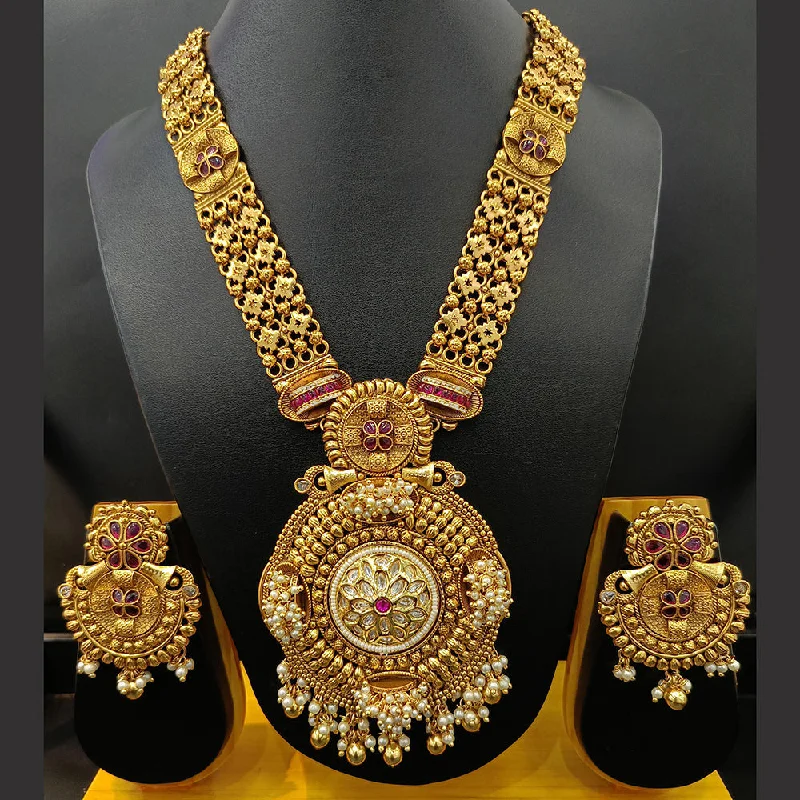 Jain Jewellers Gold Plated Polki Kundan Stone And Pearl Long Necklace Set