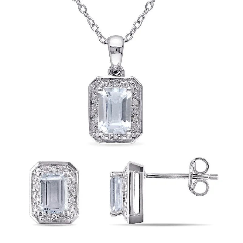 Miadora Aquamarine and 1/8ct TDW Diamond Halo Stud Earrings and Necklace Set in Sterling Silver (G-H, I2-I3) - Blue