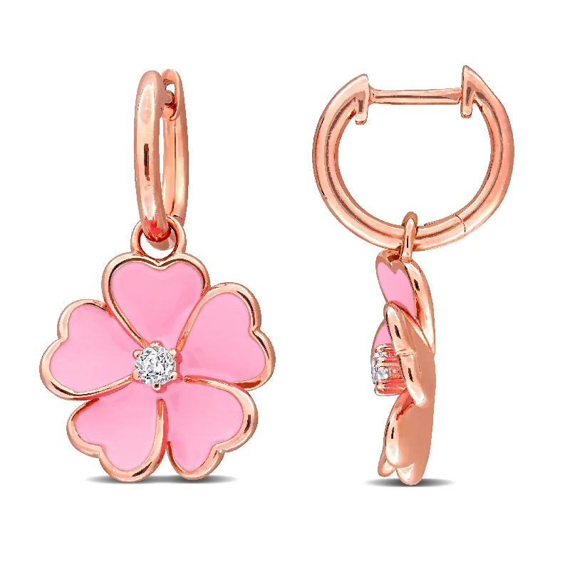 Miadora 1/6ct TGW White Topaz Pink Enamel Plated Flower Hoop Earrings in Rose Plated Sterling Silver