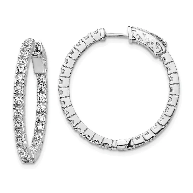 Curata 925 Sterling Silver Polished Safety clasp Rhodium Plated With CZ Cubic Zirconia Hinged Hoop Earrings