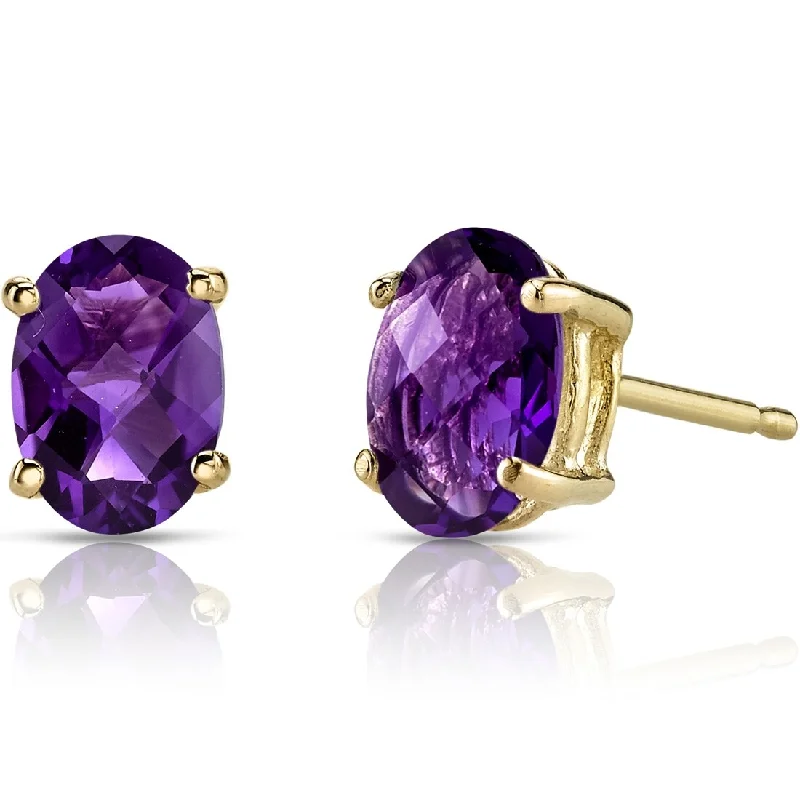 14k Yellow Gold Amethyst Stud Earrings 1.44 ct Oval Shape