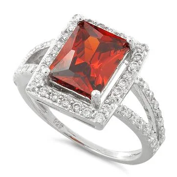 Sterling Silver Garnet Rectangular Halo CZ Ring