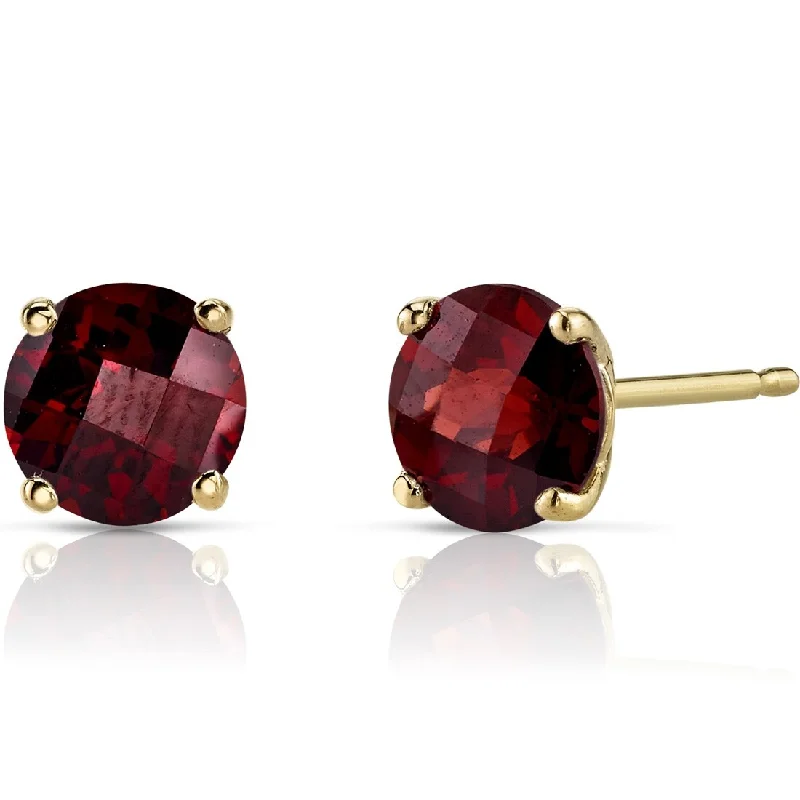 14k Yellow Gold Garnet Stud Earrings 2.2 ct Round Shape