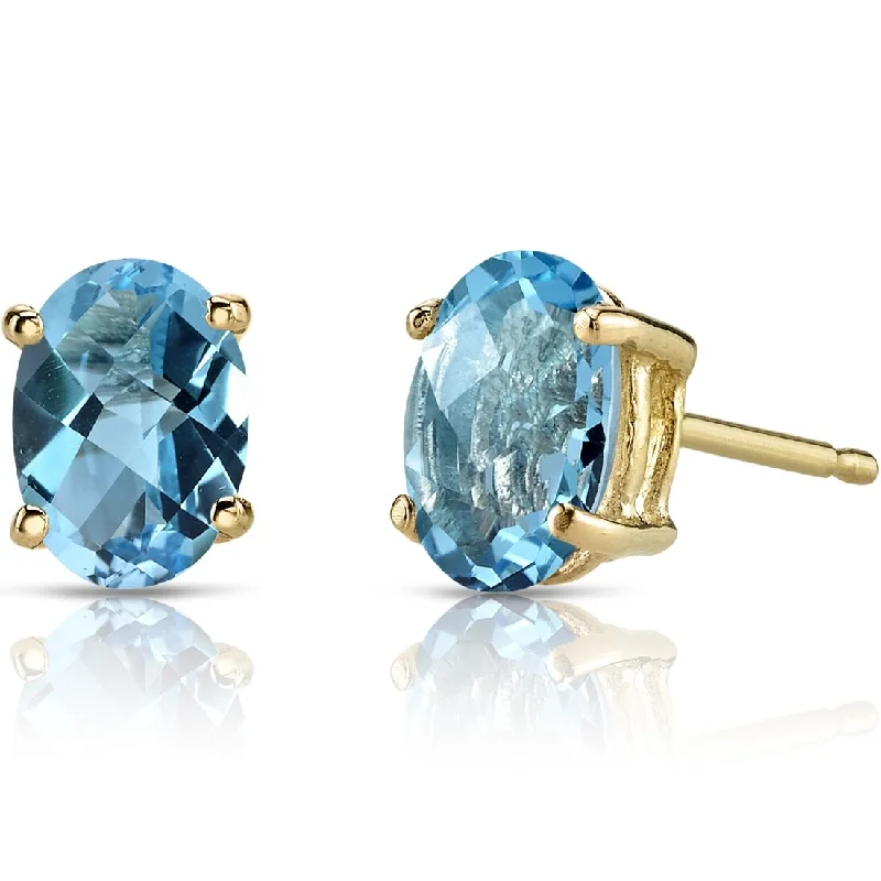 14k Yellow Gold Swiss Blue Topaz Stud Earrings 1.82 ct Oval Shape