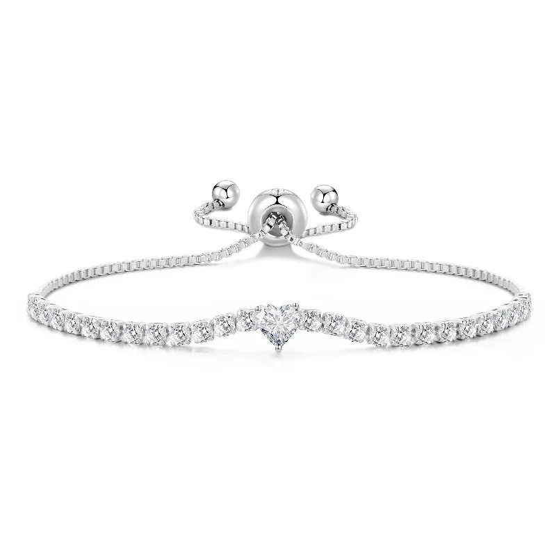 Silver Plated Heart Solitaire Friendship Bracelet Created with Zircondia® Crystals