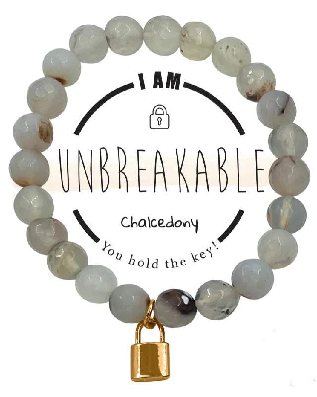 Unbreakable Lock Charm Semi-Precious Chalcedony Stone Stretch Inspirational Bracelet