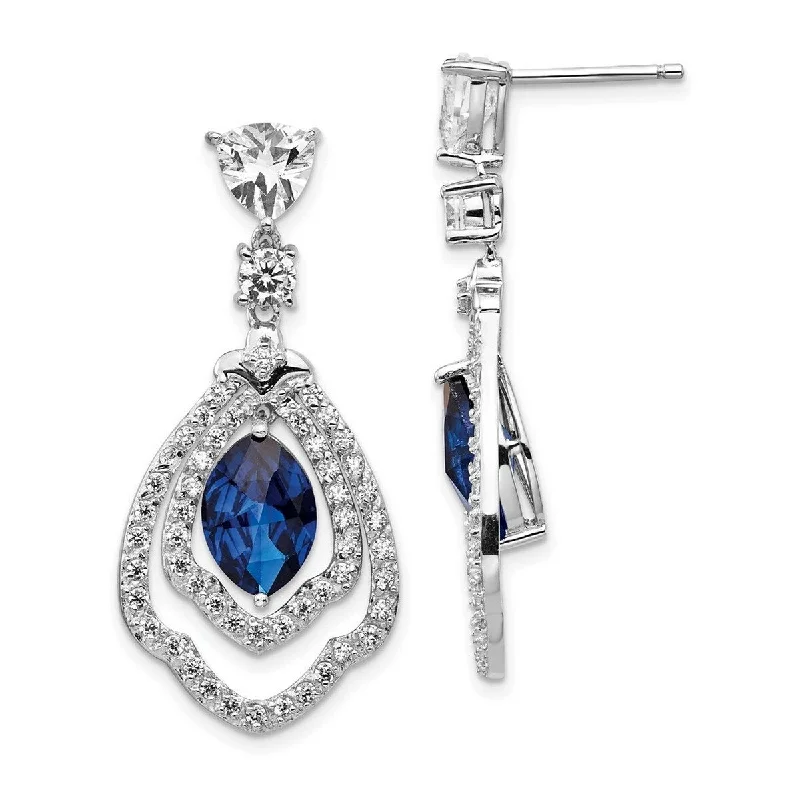 Curata 925 Sterling Silver Marquise Synth Sapphire and CZ Cubic Zirconia Dangle Post Earrings - 34x16mm