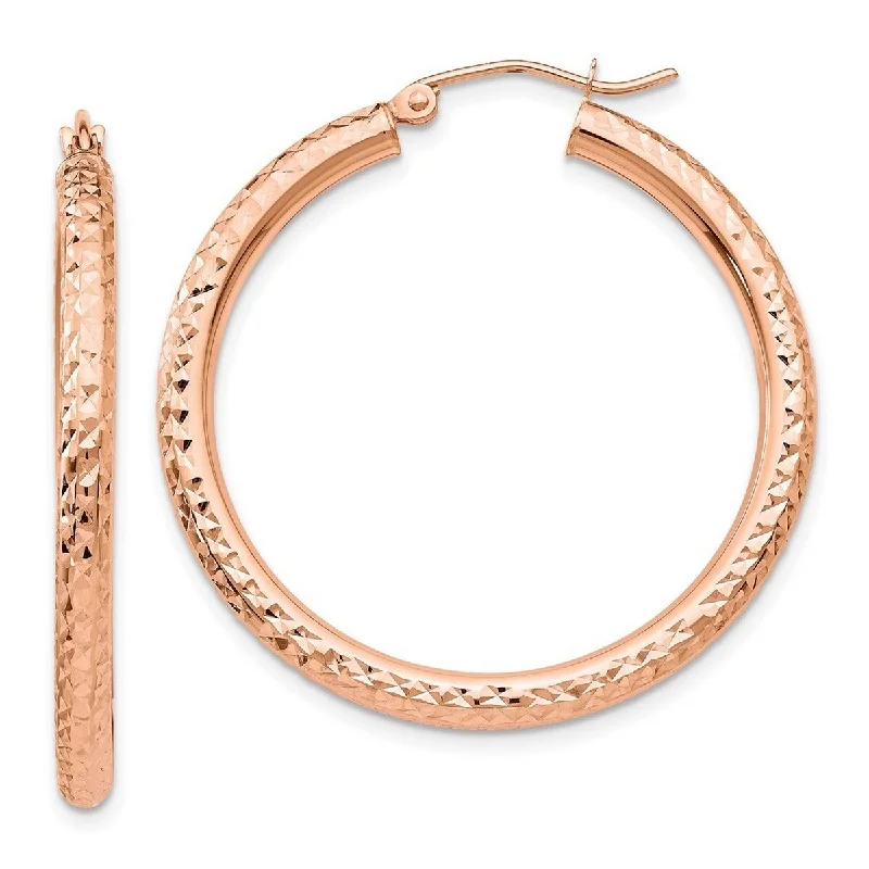 Curata 14k Rose Gold Full Diamond Cut 35x3mm Classic Round Hoop Earrings