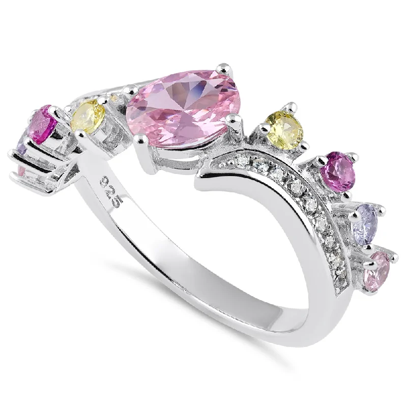 Sterling Silver Half Eternity Pink and Yellow CZ Curved Ring