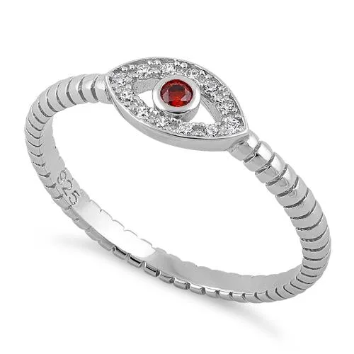 Sterling Silver Dark Garnet Stone Evil Eye CZ Ring