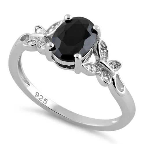 Sterling Silver Double Butterfly Black Center Stone CZ Ring