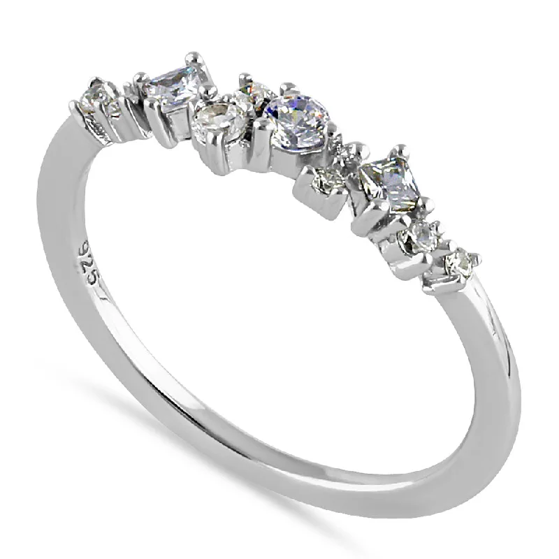 Sterling Silver Half Eternity Mini Cluster Round and Square Cut Clear CZ Ring