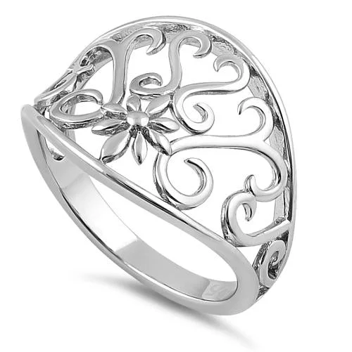 Sterling Silver Flower & Curly Vines Ring