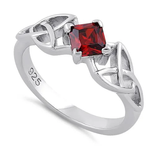 Sterling Silver Celtic Princess Cut Garnet CZ Ring