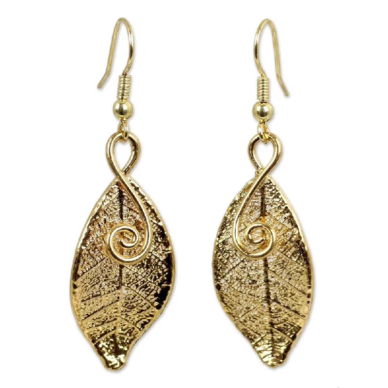 NOVICA Handmade Gold plated Forest Duet Natural Leaf Earrings (Thailand) - Orange