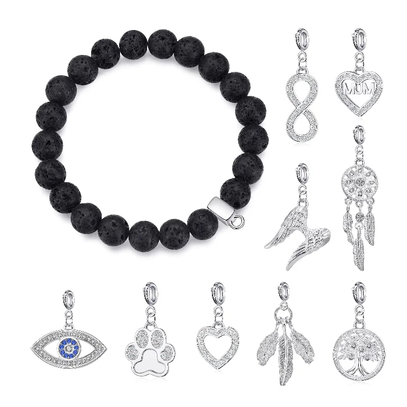 Lava Rock Gemstone Stretch Bracelet with Charm Created with Zircondia® Crystals