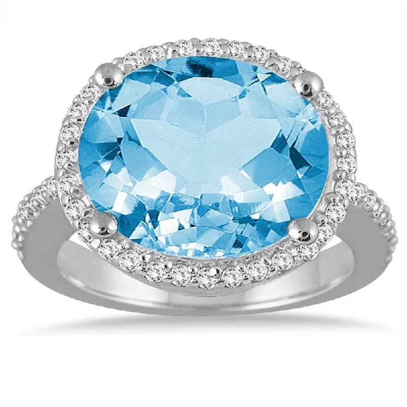 8 Carat Oval Blue Topaz and Diamond Ring in 14K White Gold