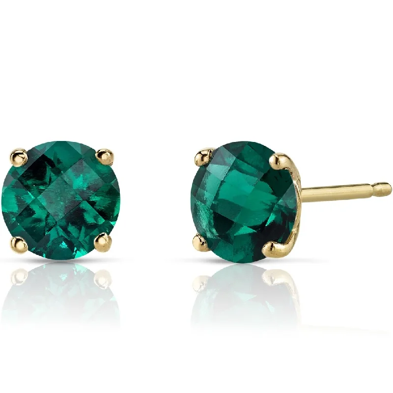 14k Yellow Gold Emerald Stud Earrings 1.57 ct Round Shape